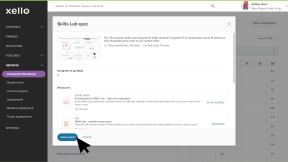 Educator account in Xello. The Skills Lab quiz overview modal is open. The cursor is clicking View report.